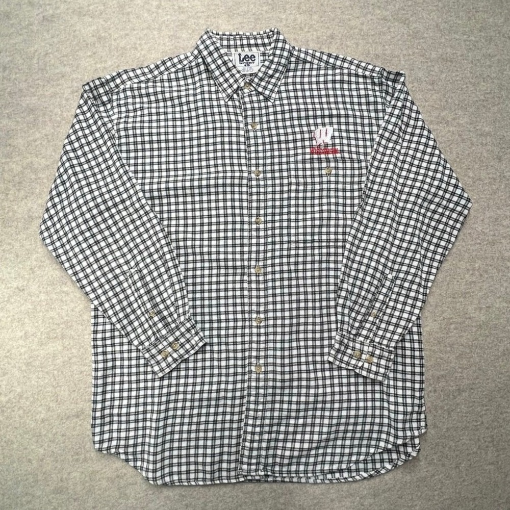 Lee Sport‎ Flannel Shirt Mens Large Black White Wisconsin Badgers Plaid